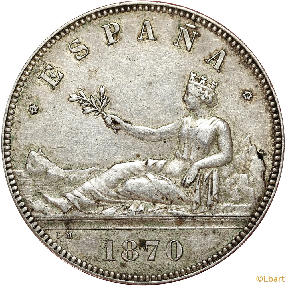 5 Pesetas 1870 Espagne . AR5F-0040 monnaies monde 5 pesetas 1870 espagne ar5f 0040