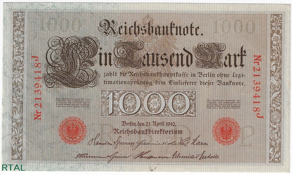 Billet 1000 Mark 21.4.1910 SPL P.44b Allemagne billets europe billet 1000 mark 21 4 1910 spl p 44b allemagne