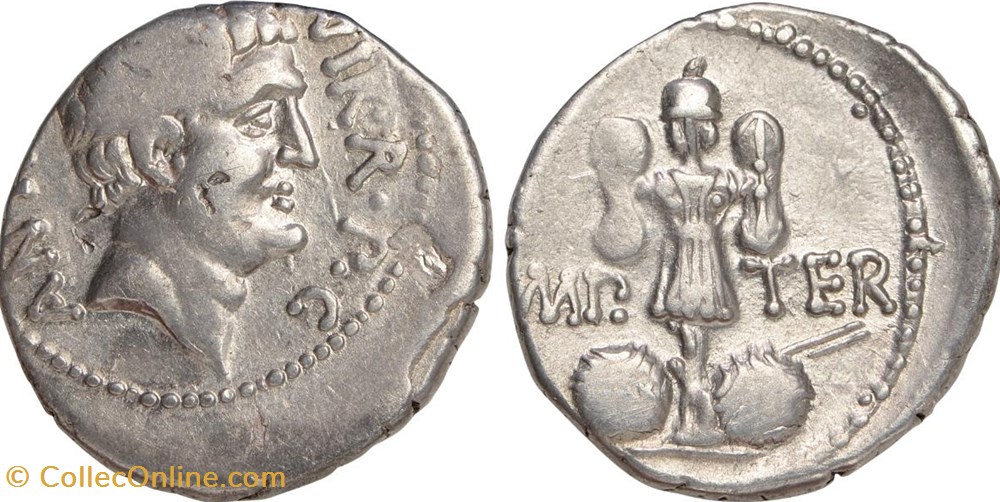 Marcus Antonius AR Denarius, trophy with two shields coins antique b roman republicain imperial marcus antonius ar denarius trophy with two shields