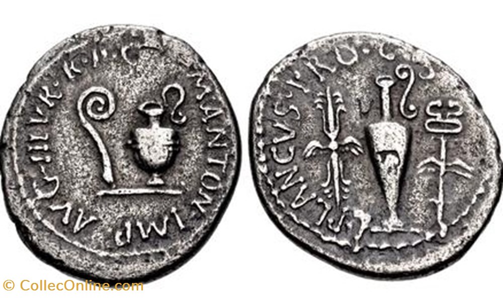 Marcus Antonius and Lucius Munatius Plancus AR Denarius, PRO • COS 3 coins ancient romans imperial republican marcus antonius and lucius munatius plancus ar denarius pro cos