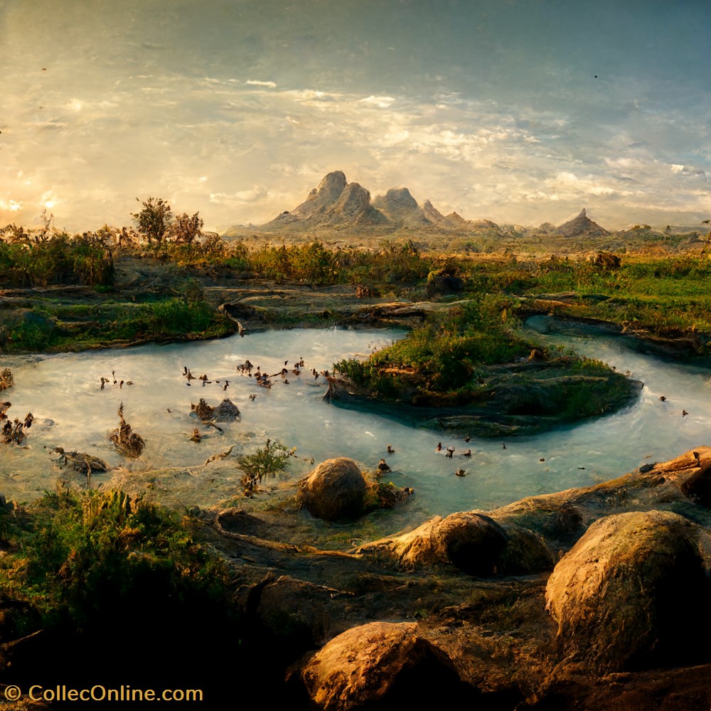 View of paleolithic landscape art antiquites peintures dessins laurentg view of paleolithic landscape populated by wild animal 85722510 b446 4779 853e 7f6244930dd7