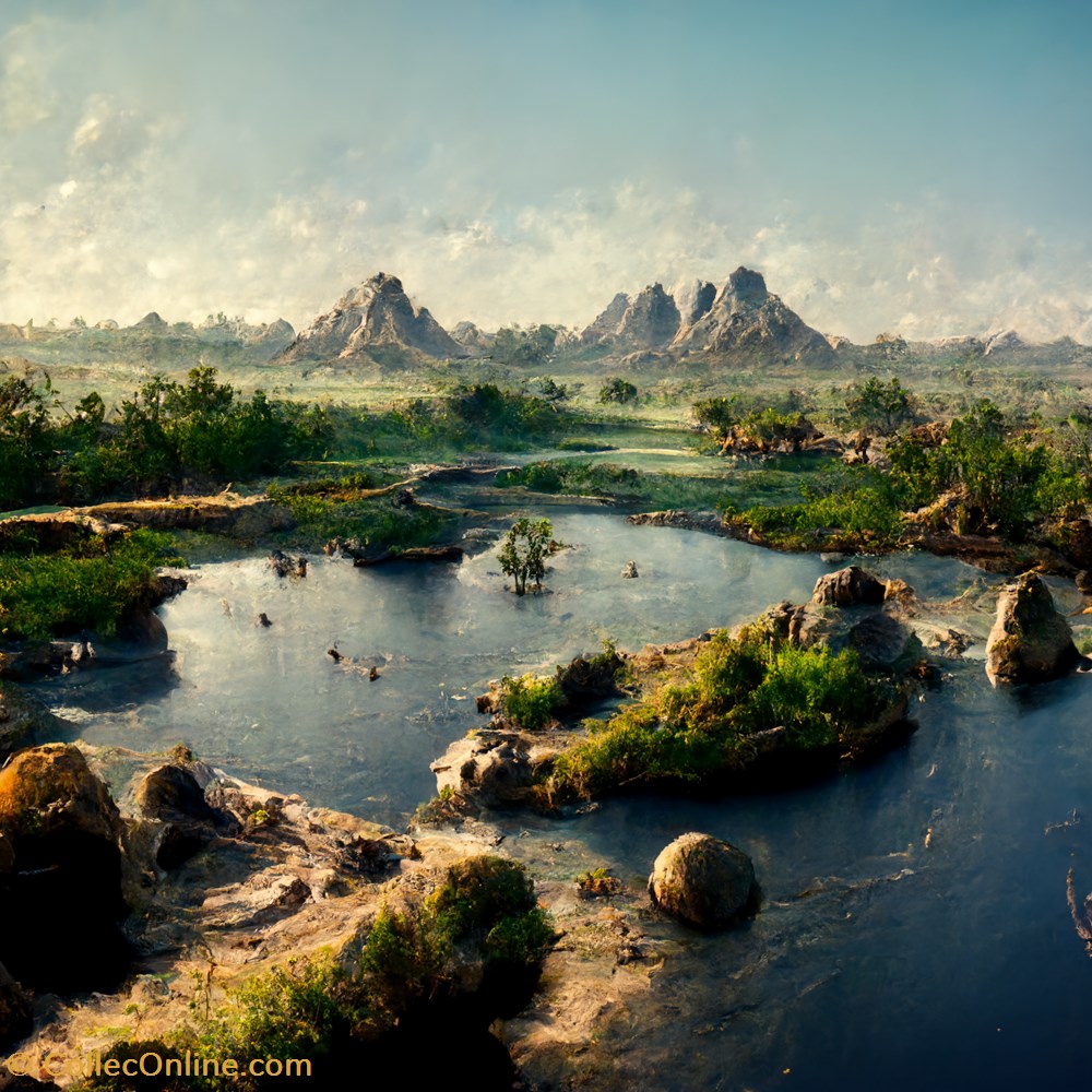 View of Paleolithic landscape : Doggerland art antiquites peintures dessins laurentg view of paleolithic landscape populated by wild animal 9ccad022 24f5 4f22 91f3 791dda9f1c1a