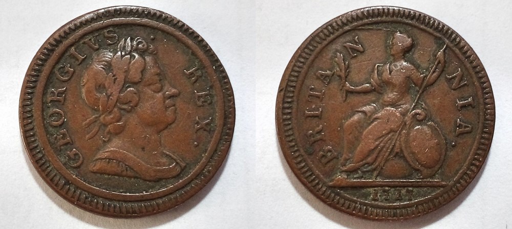 George 1st Dump Farthing 1717 with Medal Alignment. coins george 1st dump farthing 1717 with medal alignment