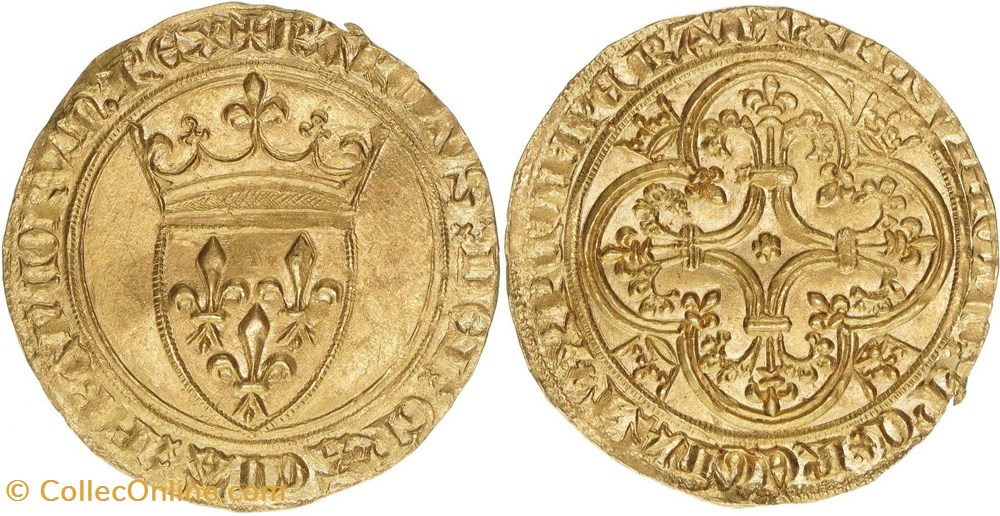 Mâcon 1389 écu d'or 3è émission au nom de Charles VI variante ReGnAT avec "n" onciale monnaies europe medievale france royales macon 1389 ecu or 3e emission au nom de charles vi variante regnat avec n onciale