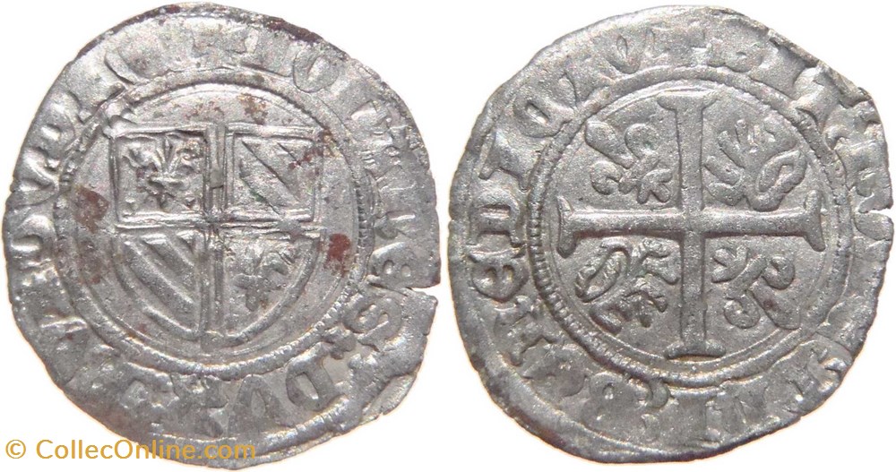 Cuisery 1416-1417 grand blanc au croissant sous "I" de BVRGVDIe fauté au nom de Jean-sans-Peur monnaies france feodales cuisery 1416 1417 grand blanc au croissant sous i de bvrgvdie faute au nom de jean sans peur
