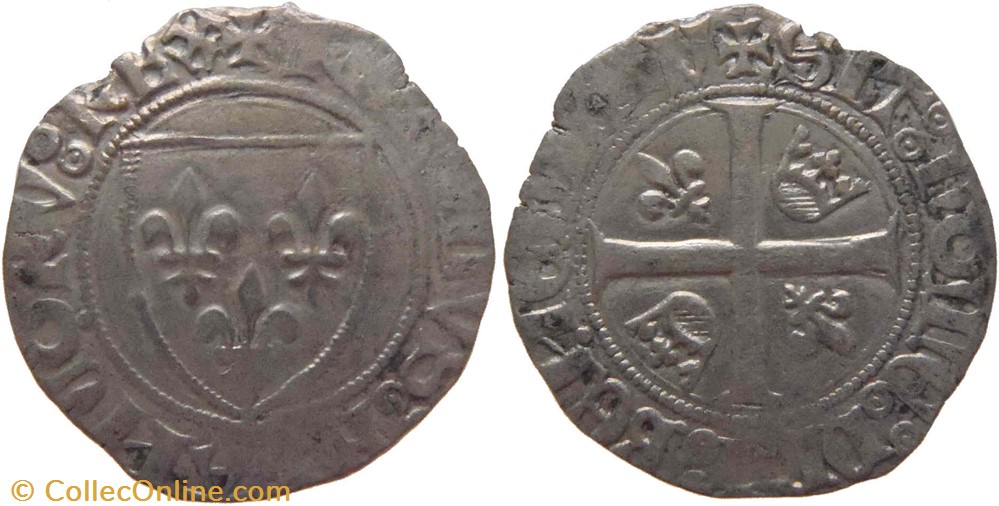 Dijon 1398-1411 blanc à l'écu dit "guénar" 2è émission type 3 variété au nom de Charles VI monnaies france royales dijon 1398 1411 blanc a ecu dit guenar 2e emission type 3 variete au nom de charles vi
