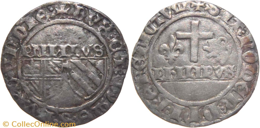 Chaussin 1427 blanc aux écus accostés au nom de Philippe-le-Bon monnaies europe medievale france feodales chaussin 1427 blanc aux ecus accostes au nom de philippe le bon
