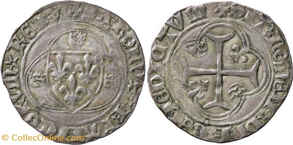 Saint Pourçain-sur-Sioule 1455 blanc aux couronnelles au nom de Charles VII, fauté monnaies europe medievale france royales saint pourcain sur sioule 1455 blanc aux couronnelles au nom de charles vii faute