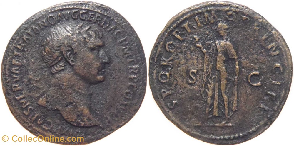 autre romaine 105 Trajan sesterce au revers Spes frappé à Rome monnaies antiquite av jc romaines republicaines imperiales autre romaine 105 trajan sesterce au revers spes frappe a rome