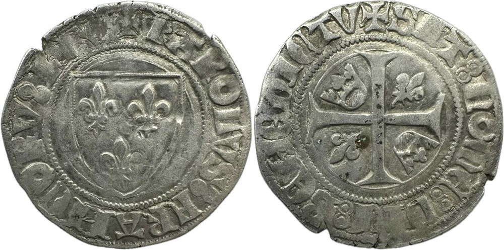 Dijon 1395-1398 blanc à l'écu dit "guénar" 2è émission type 2 au nom de Charles VI monnaies europe medievale france royales dijon 1395 1398 blanc a ecu dit guenar 2e emission type 2 au nom de charles vi