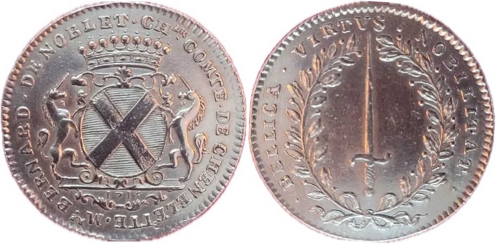 11/- Chenelette 1715 jeton Bernard de Noblet, Chevalier et Comte de monnaies europe medievale france royales 11 chenelette 1715 jeton bernard de noblet chevalier et comte de