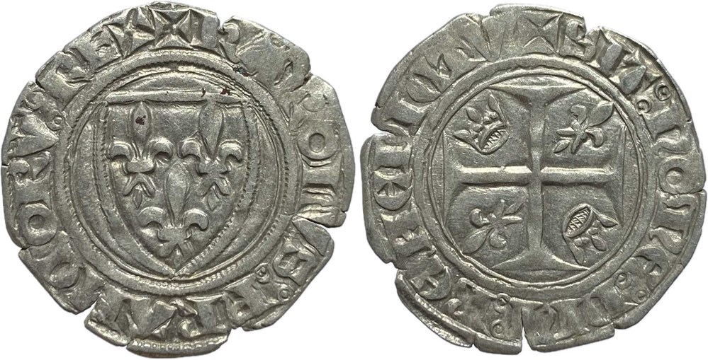 Mâcon 1390 à 1411 blanc dit "guénar" 2è émission type 3 variété RE+ au nom de Charles VI monnaies europe medievale france royales macon 1390 a 1411 blanc dit guenar 2e emission type 3 variete re au nom de charles vi