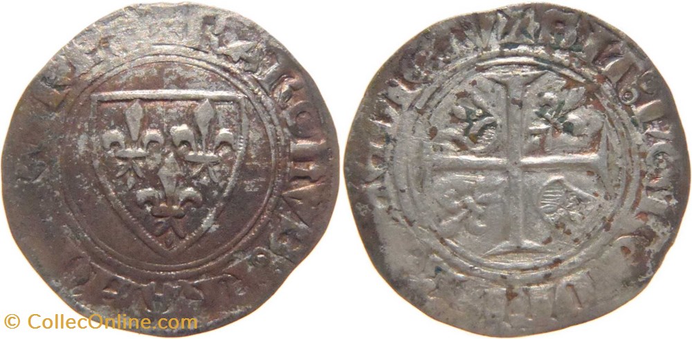 Mâcon 1390 à 1411 blanc dit "guénar" 2è émission type 3 variété "L" tréflé au nom de Charles VI monnaies europe medievale france royales macon 1390 a 1411 blanc dit guenar 2e emission type 3 variete l trefle au nom de charles vi