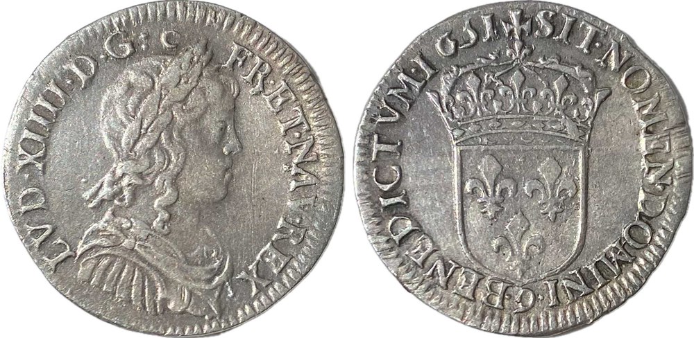 Rennes 1651 9 1/4 d'écu à la mèche longue Louis XIV monnaies europe medievale france royales rennes 1651 9 1 4 ecu a la meche longue louis xiv