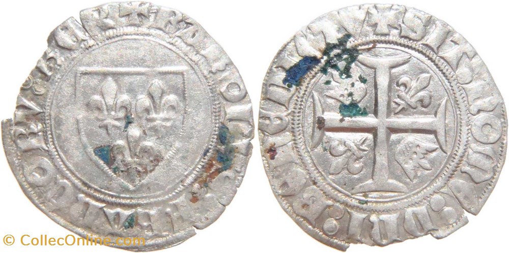 Dijon 1411-1417 blanc à l'écu dit "guénar" 4è émission fautée ducale au nom de Charles VI monnaies europe medievale france royales dijon 1411 1417 blanc a ecu dit guenar 4e emission fautee ducale au nom de charles vi