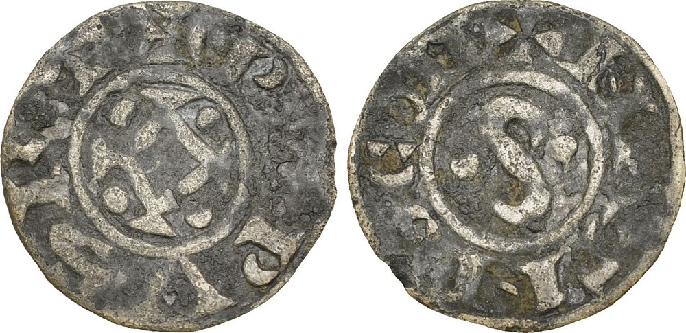 Mâcon 1137-1239 denier au "S" cantonné au nom de Philippe Ier légende dégénérée au revers monnaies europe medievale france feodales macon 1137 1239 denier au s cantonne au nom de philippe ier legende degeneree au revers