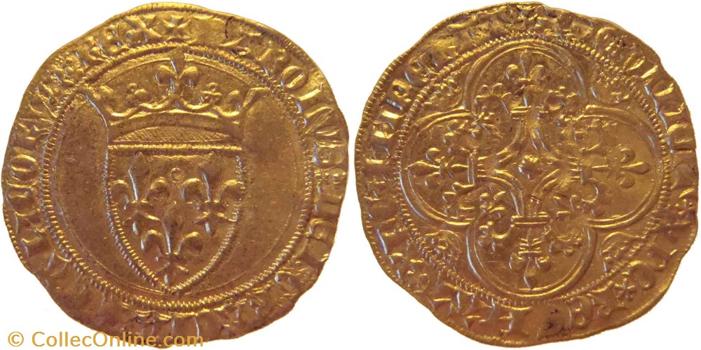 Dijon 1417 12 à 1418 02 écu d'or à la couronne 1ère émission ducale au nom du roi Charles VI monnaies europe medievale france feodales dijon 1417 12 a 1418 02 ecu or a la couronne 1ere emission ducale au nom du roi charles vi