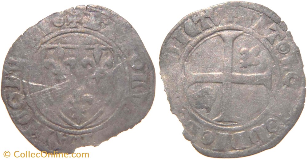 Dijon 1398-1411 petit blanc à l'écu dit "demi-guénar" 2è émission type3 variété au nom de Charles VI monnaies france royales dijon 1398 1411 petit blanc a ecu dit demi guenar 2e emission type3 variete au nom de charles vi