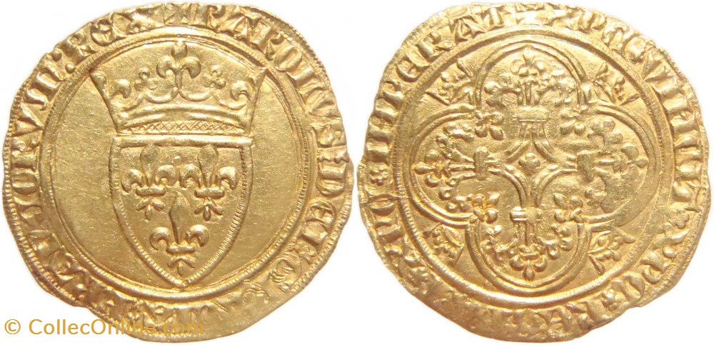 Mâcon 1394 écu d'or 4è émission au nom de Charles VI variante ReGnAT avec "n" onciale monnaies europe medievale france royales macon 1394 ecu or 4e emission au nom de charles vi variante regnat avec n onciale