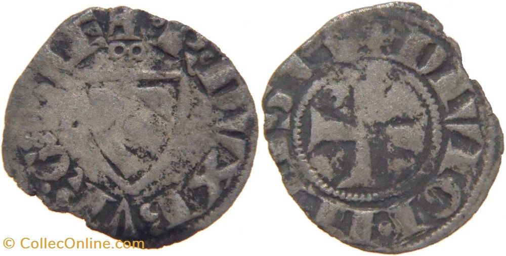 Dijon 1303-1305 denier à l'écu de Bourgogne surmonté d'une anille variété au nom de Robert II monnaies france feodales dijon 1303 1305 denier a ecu de bourgogne surmonte une anille variete au nom de robert ii