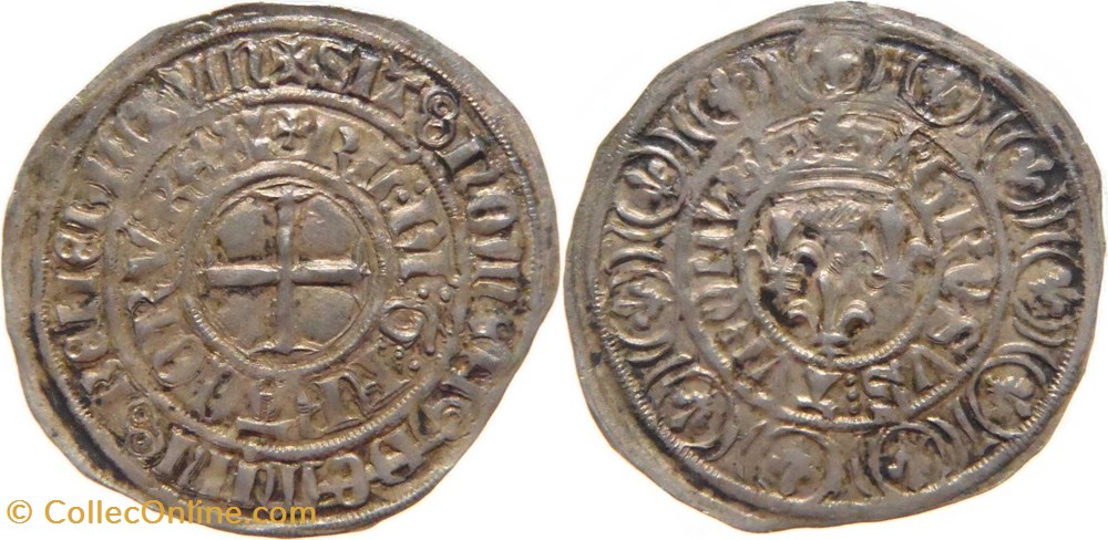 Mâcon 1413 à 1414 gros aux lis sous une couronne dit "grosus turonus" au nom de Charles VI monnaies europe medievale france royales macon 1413 a 1414 gros aux lis sous une couronne dit grosus turonus au nom de charles vi
