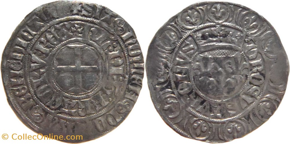 Mâcon 1413 à 1414 gros aux lis sous une couronne dit "grosus turonus" au nom de Charles VI monnaies europe medievale france royales macon 1413 a 1414 gros aux lis sous une couronne dit grosus turonus au nom de charles vi