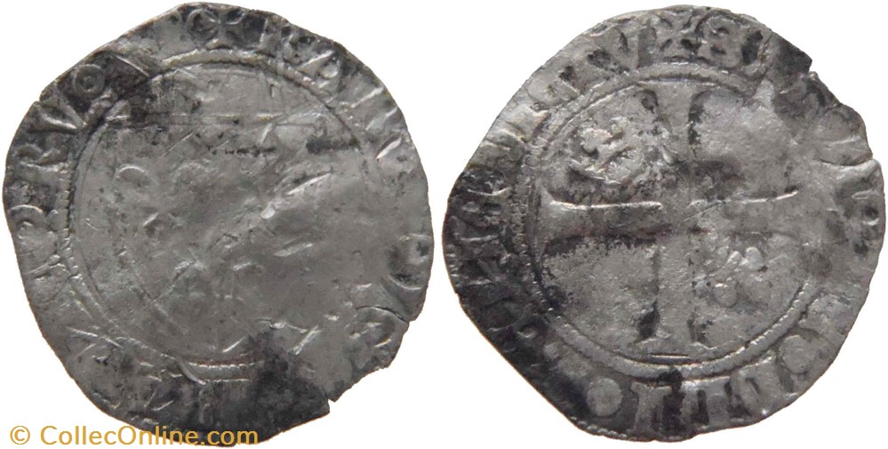 Dijon 1398-1411 petit blanc à l'écu dit "demi-guénar" 2è émission type 3 au nom de Charles VI monnaies france royales dijon 1398 1411 petit blanc a ecu dit demi guenar 2e emission type 3 au nom de charles vi