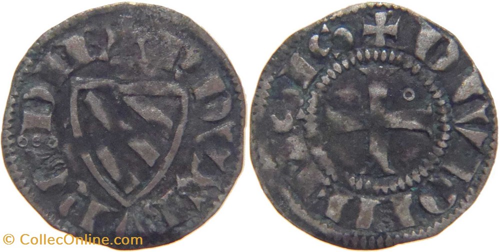 Dijon 1303-1305 denier à l'écu de Bourgogne surmonté d'une anille au nom de Robert II monnaies europe medievale france feodales dijon 1303 1305 denier a ecu de bourgogne surmonte une anille au nom de robert ii