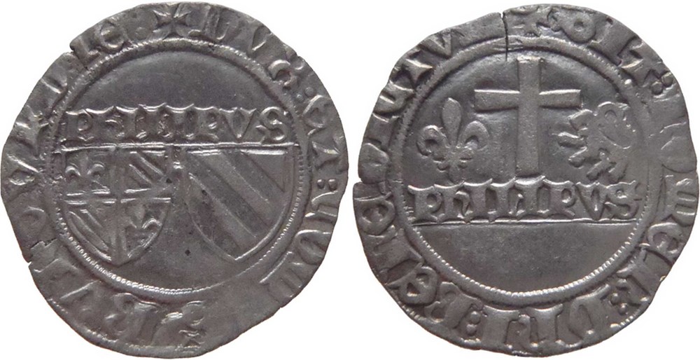 Chaussin 1427 blanc aux écus accostés au nom de Philippe-le-Bon monnaies europe medievale france feodales chaussin 1427 blanc aux ecus accostes au nom de philippe le bon