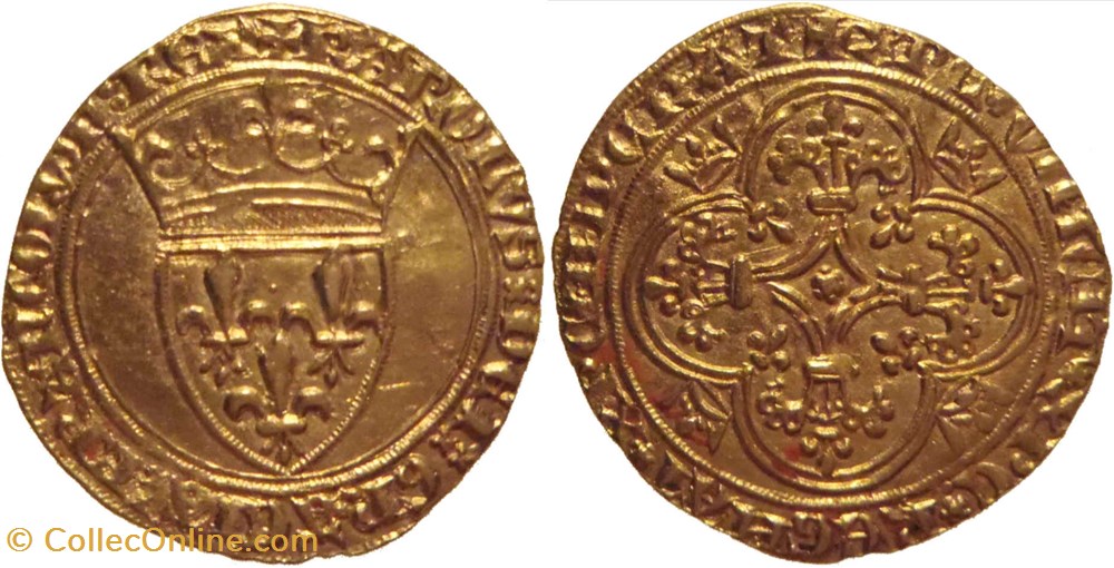 Mâcon 1394 écu d'or 4è émission au nom de Charles VI variante ReGNAT avec "N" romaine monnaies europe medievale france royales macon 1394 ecu or 4e emission au nom de charles vi variante regnat avec n romaine
