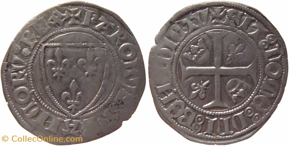 Dijon 1389-1395 blanc à l'écu dit "guénar" 2è émission type 1 au nom de Charles VI monnaies france royales dijon 1389 1395 blanc a ecu dit guenar 2e emission type 1 au nom de charles vi