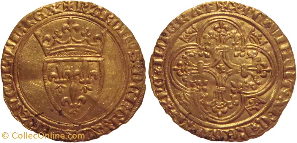 Mâcon 1394 écu d'or 4è émission au nom de Charles VI variante ReGnAT avec "n" onciale monnaies europe medievale france royales macon 1394 ecu or 4e emission au nom de charles vi variante regnat avec n onciale