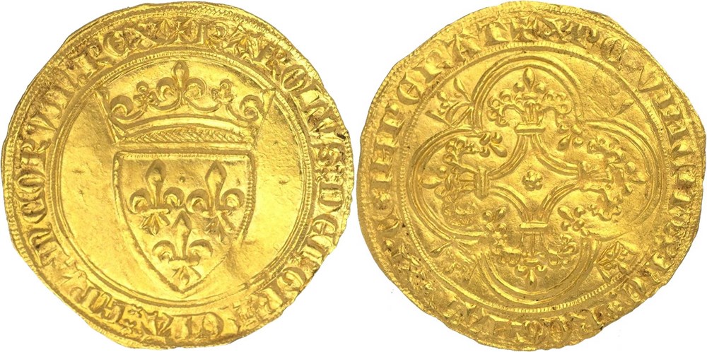 Mâcon 1390 à 1394 écu d'or 3è émission au nom de Charles VI variante ReGNAT avec "N" romaine monnaies europe medievale france royales macon 1390 a 1394 ecu or 3e emission au nom de charles vi variante regnat avec n romaine