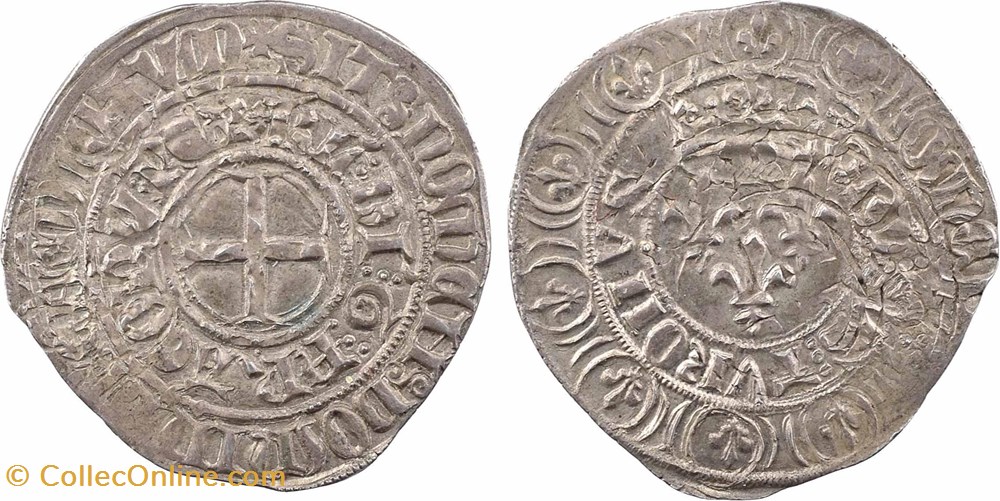Mâcon 1413 à 1414 gros aux lis sous une couronne dit "grosus turonus" fauté au nom de Charles VI monnaies europe medievale france royales macon 1413 a 1414 gros aux lis sous une couronne dit grosus turonus faute au nom de charles vi