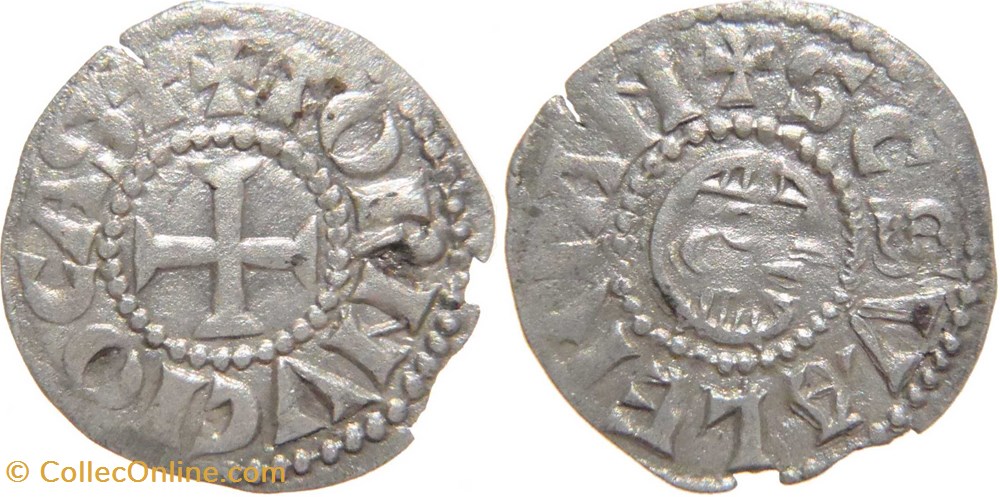 Abbaye de Tournus 1240-1245 denier au nom de Saint Valérien de type 4 aux "0" longues et tête ronde monnaies europe medievale france feodales abbaye de tournus 1240 1245 denier au nom de saint valerien de type 4 aux 0 longues et tete ronde
