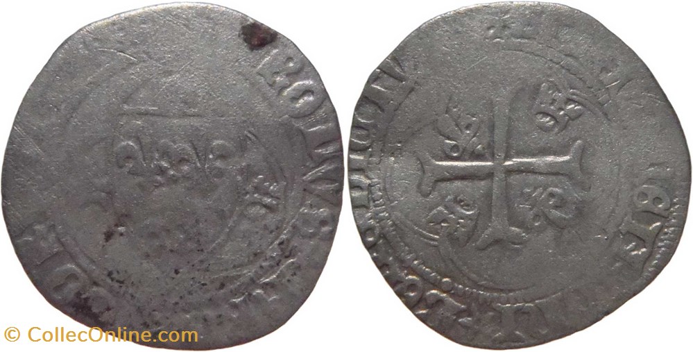 Saint Pourçain-sur-Sioule 1455 blanc aux couronnelles au nom de Charles VII, fauté variété monnaies europe medievale france royales saint pourcain sur sioule 1455 blanc aux couronnelles au nom de charles vii faute variete