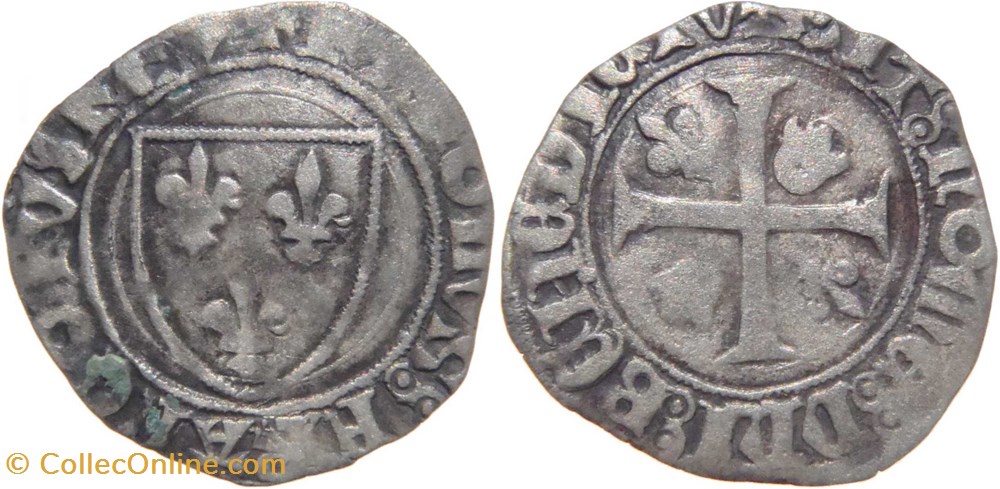 Dijon 1410-1411 blanc à l'écu dit "guénar" 2è émission type 4 variété fauté au nom de Charles VI monnaies france royales dijon 1410 1411 blanc a ecu dit guenar 2e emission type 4 variete faute au nom de charles vi