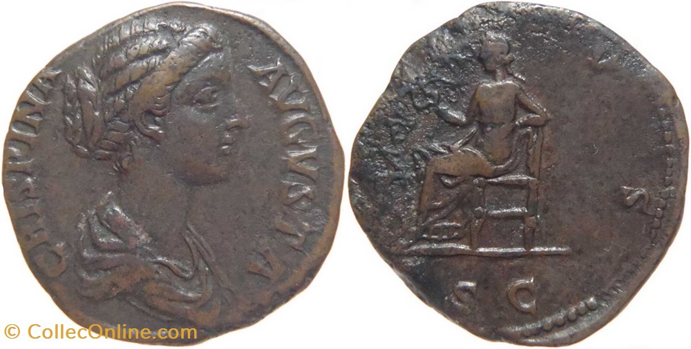 autre romaine 180-182 Crispine sesterce au revers Salus frappé à Rome monnaies antiquite av jc romaines republicaines imperiales autre romaine 180 182 crispine sesterce au revers salus frappe a rome