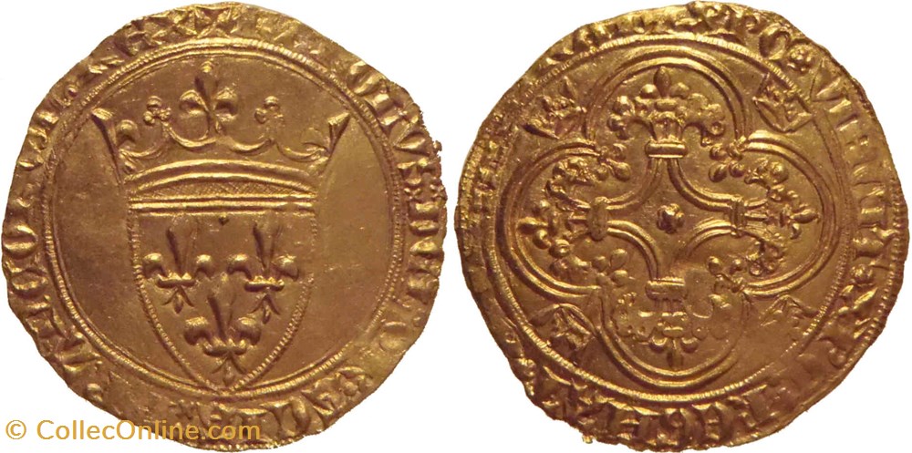 Mâcon 1390 à 1394 écu d'or 3è émission au nom de Charles VI variante ReGNAT avec "N" romaine monnaies europe medievale france royales macon 1390 a 1394 ecu or 3e emission au nom de charles vi variante regnat avec n romaine