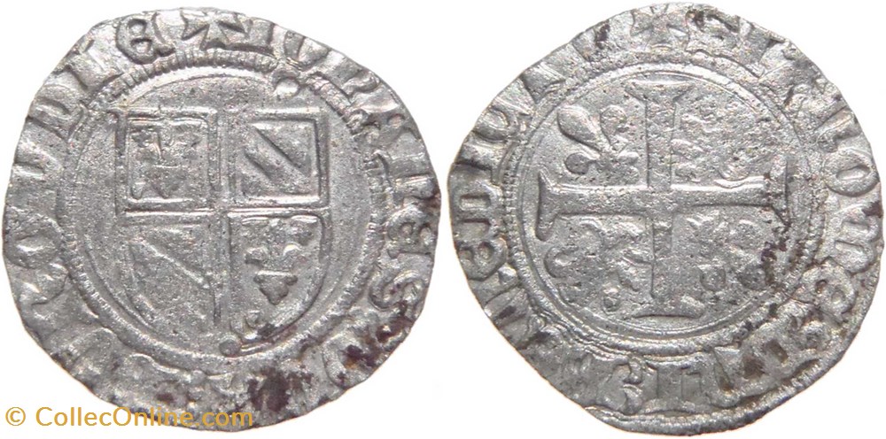 Cuisery 1416-1417 grand blanc au croissant sous "0" de I0hAneS fauté au nom de Jean-sans-Peur monnaies france feodales cuisery 1416 1417 grand blanc au croissant sous 0 de i0hanes faute au nom de jean sans peur