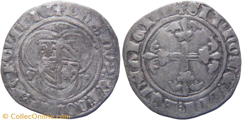 Saint Laurent-lès-Chalon 1422-05 blanc à l'écu dans un trilobe variété au nom de Philippe-le-Bon monnaies france feodales saint laurent les chalon 1422 05 blanc a ecu dans un trilobe variete au nom de philippe le bon