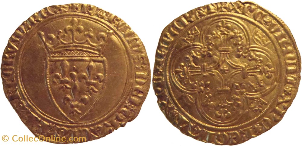 Mâcon 1388 écu d'or 2è émission au nom de Charles VI monnaies europe medievale france royales macon 1388 ecu or 2e emission au nom de charles vi