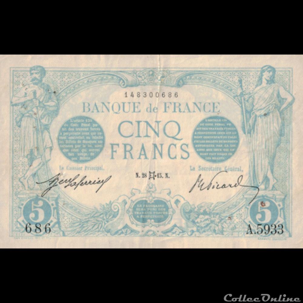 5 Francs Bleu - Type 1905 billet france banque de xxe 5 francs bleu type 1905