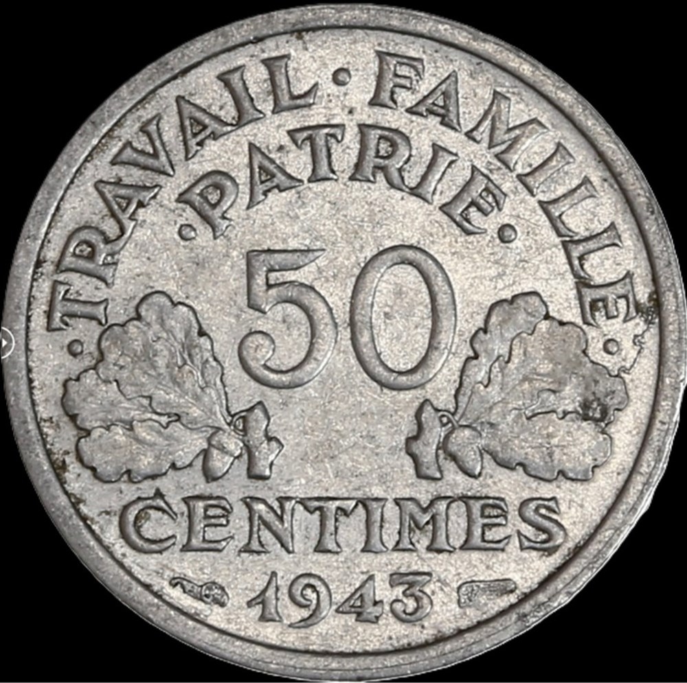 monnaies monde france 50c 1943 lourde en au55