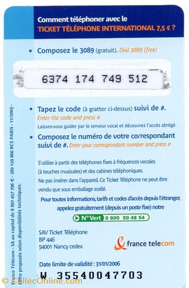 TICKET FRANCE TELECOM 7.5€ INTERNATIONAL VERSO 3 divers telecartes ticket france telecom 7 5 international verso 3