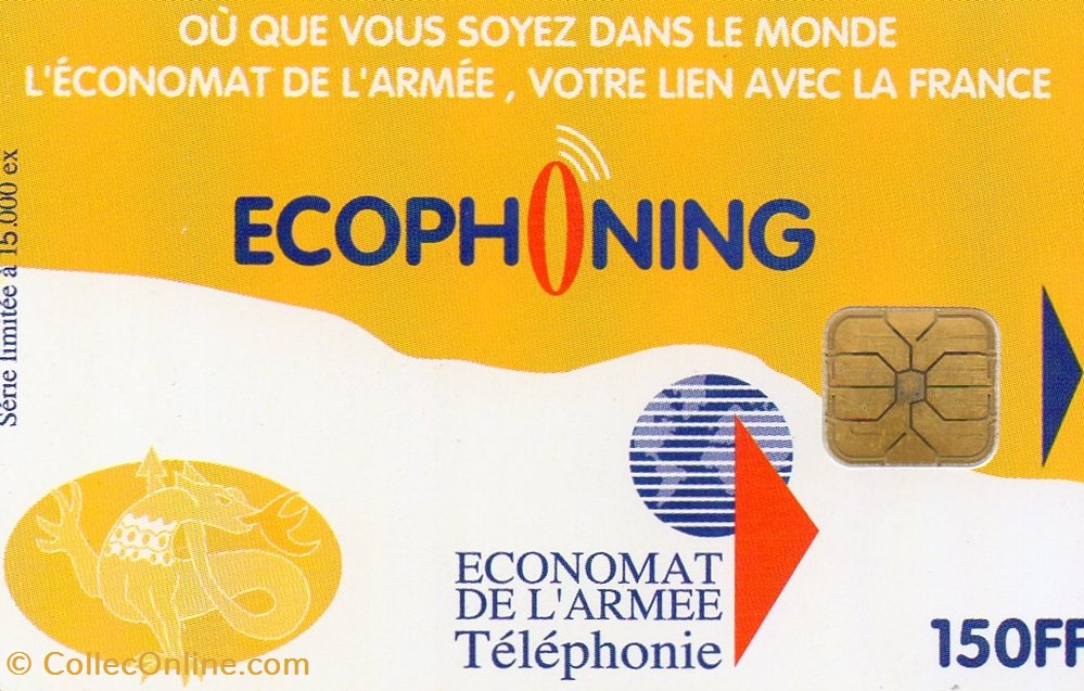 ECOPHONING 150 FF JAUNE 15000 EX VERSO ARMEE DE TERRE divers telecartes ecophoning 150 ff jaune 15000 ex verso armee de terre