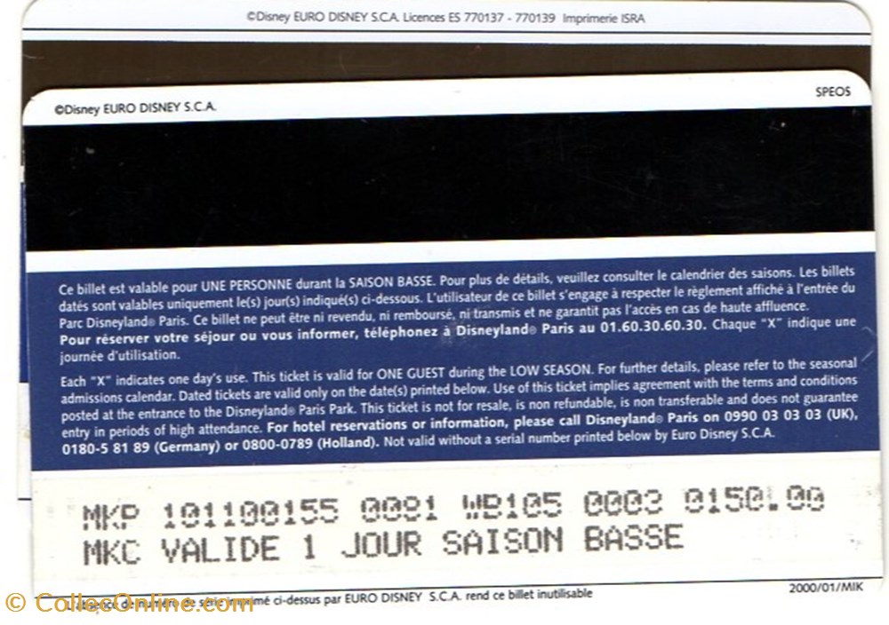 1999 MICKEY DISNEYLAND PARIS VALIDE 1 JOUR SAISON BASSE RAISON SOCIALE A GAUCHE OU CENTREE vieux papiers tickets 1999 mickey disneyland paris valide 1 jour saison basse raison sociale a gauche ou centree