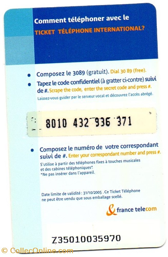 TICKET FRANCE TELECOM 7.5€ INTERNATIONAL VERSO 4 divers telecartes cartes telephoniques ticket france telecom 7 5 international verso 4