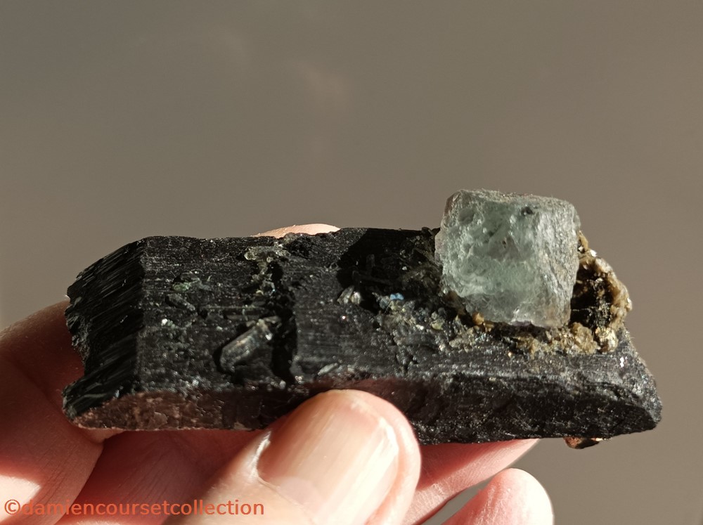 Fluorite octaèdrique sur Wolframite 3 mineraux meteorites fluorite octaedrique sur wolframite