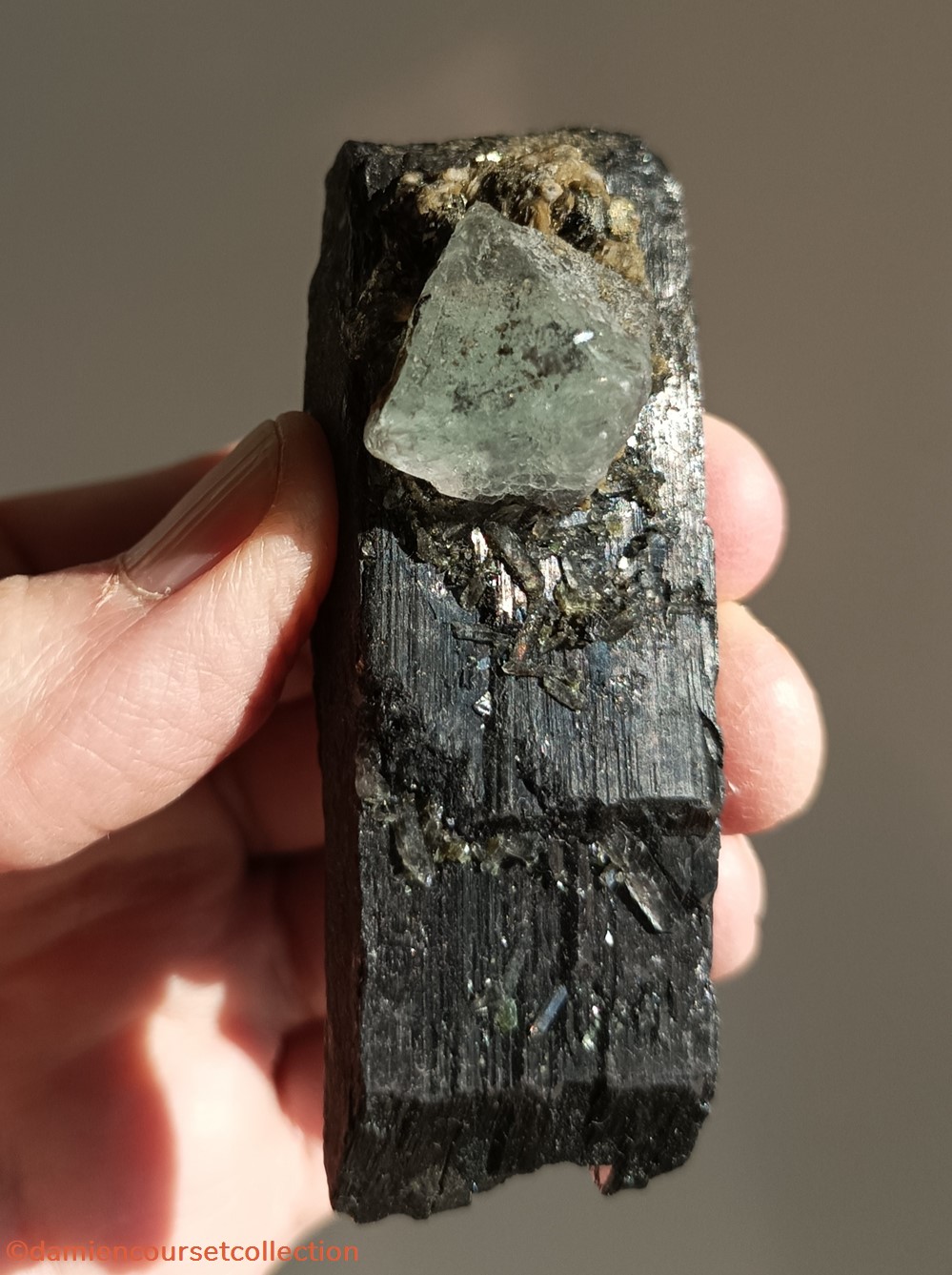 Fluorite octaèdrique sur Wolframite 2 mineraux meteorites fluorite octaedrique sur wolframite